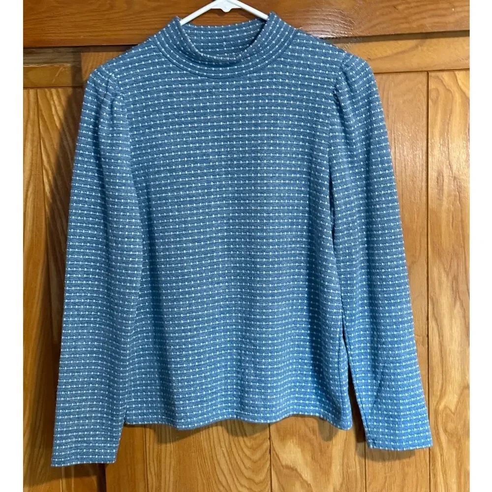 Madewell Jacquard Puff-Sleeve Mockneck Top in Blue - Size M
